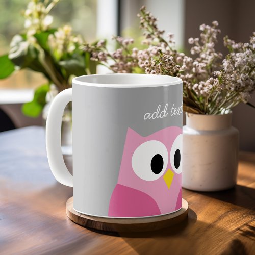 Cute Cartoon Owl _ Pink and Gray Custom Name Coffee Mug