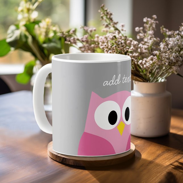 Cute Cartoon Owl - Pink and Gray Custom Name Coffee Mug (Custom mug)