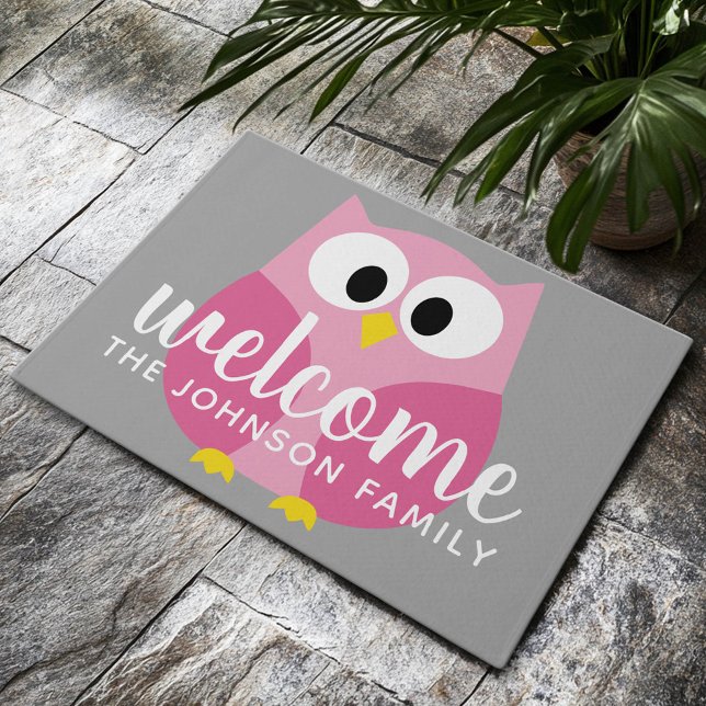 Cute Cartoon Owl - Pink and Gray Custom Name Doormat (Custom Welcome Doormat)
