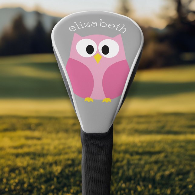 Cute Cartoon Owl - Pink and Gray Custom Name Golf Head Cover (Personalized Golf Head Cover)