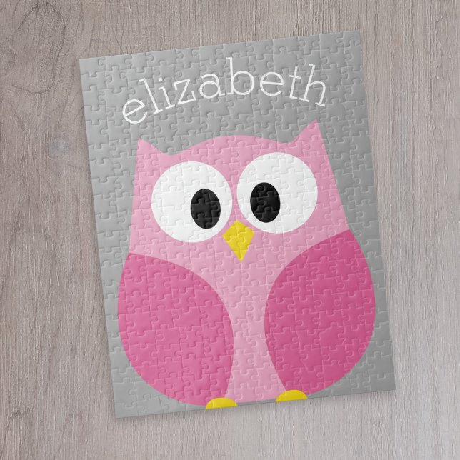 Cute Cartoon Owl - Pink and Gray Custom Name Jigsaw Puzzle (Cute whimsical owl personalized puzzle)