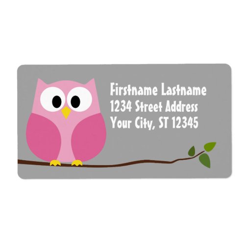 Cute Cartoon Owl _ Pink and Gray Custom Name Label
