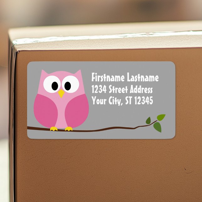 Cute Cartoon Owl - Pink and Gray Custom Name Label (Personalized return address label)