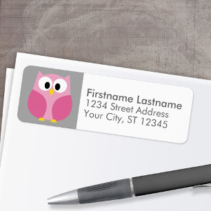 Cute Cartoon Owl - Pink and Gray Custom Name Label