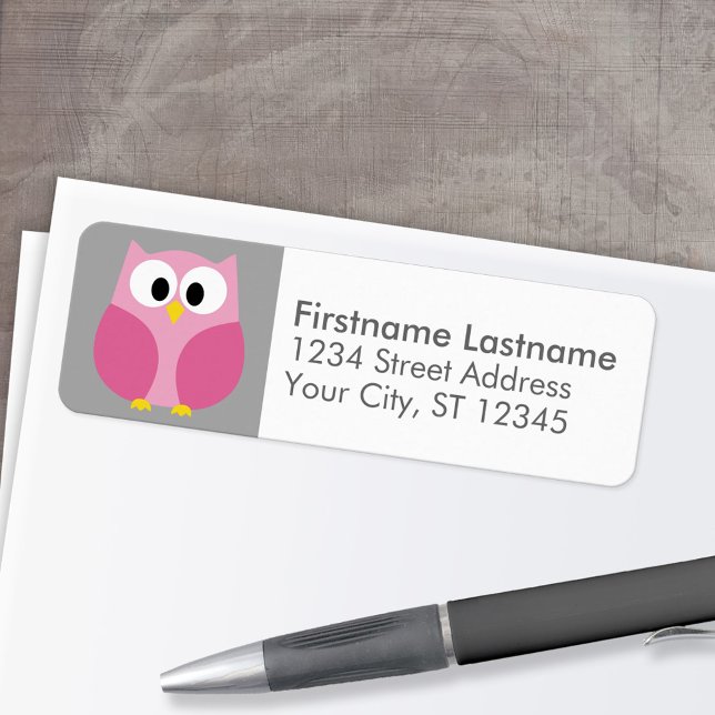 Cute Cartoon Owl - Pink and Gray Custom Name Label (Custom Return Address Labels - Low Minimum)