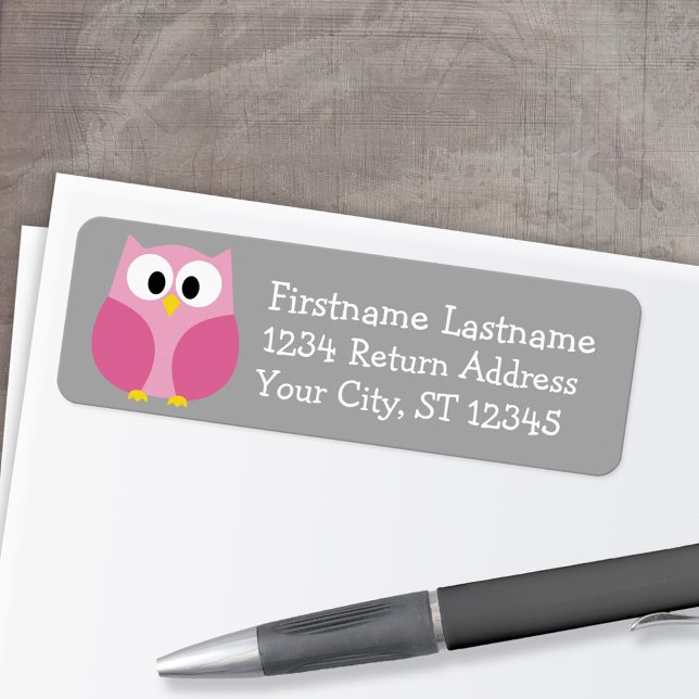 Cute Cartoon Owl - Pink and Gray Custom Name Label (Custom Return Address Labels - Low Minimum)