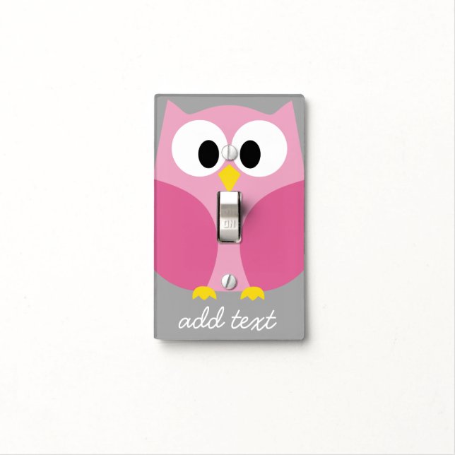 Cute Cartoon Owl - Pink and Gray Custom Name Light Switch Cover (In Situ)