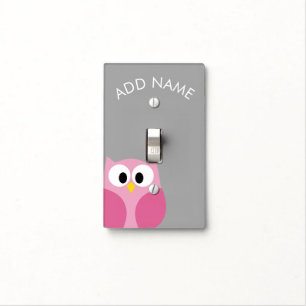 Cute Cartoon Owl - Pink and Gray Custom Name Light Switch Cover