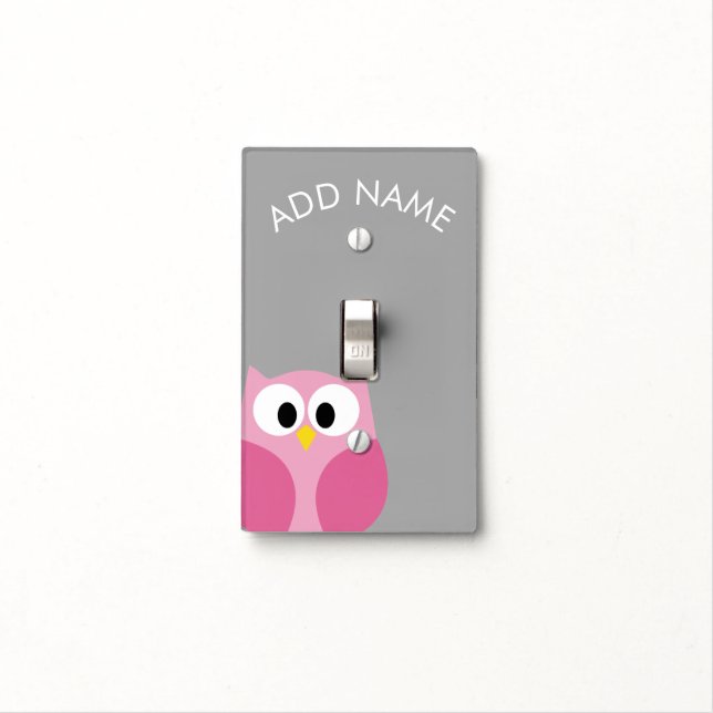 Cute Cartoon Owl - Pink and Gray Custom Name Light Switch Cover (In Situ)