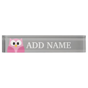 Cute Cartoon Owl - Pink and Gray Custom Name Nameplate