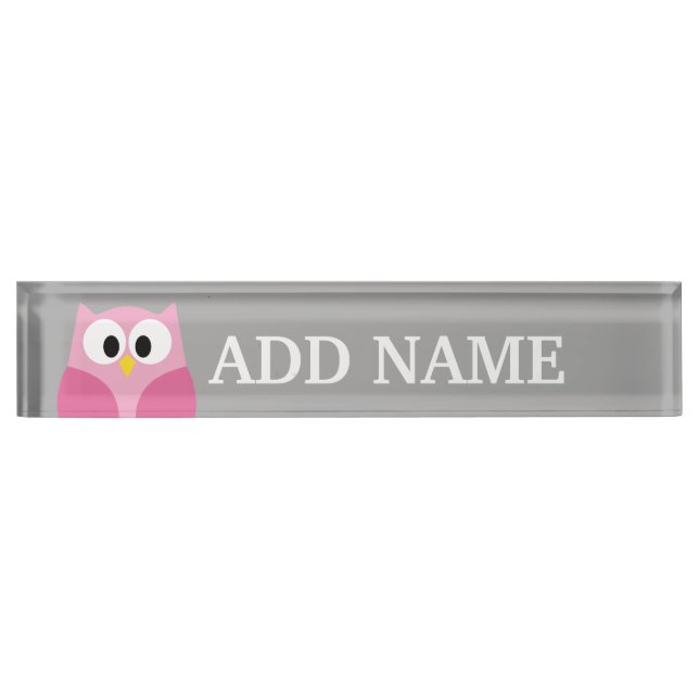 Cute Cartoon Owl - Pink and Gray Custom Name Nameplate (Front)