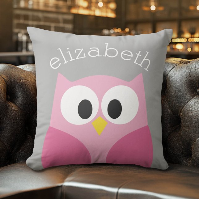 Cute Cartoon Owl - Pink and Gray Custom Name Outdoor Pillow (Whimsical Custom Monogram Pillow)