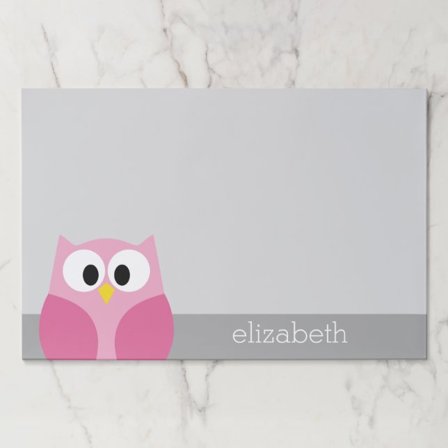 Cute Cartoon Owl - Pink and Gray Custom Name Paper Pad (Front)