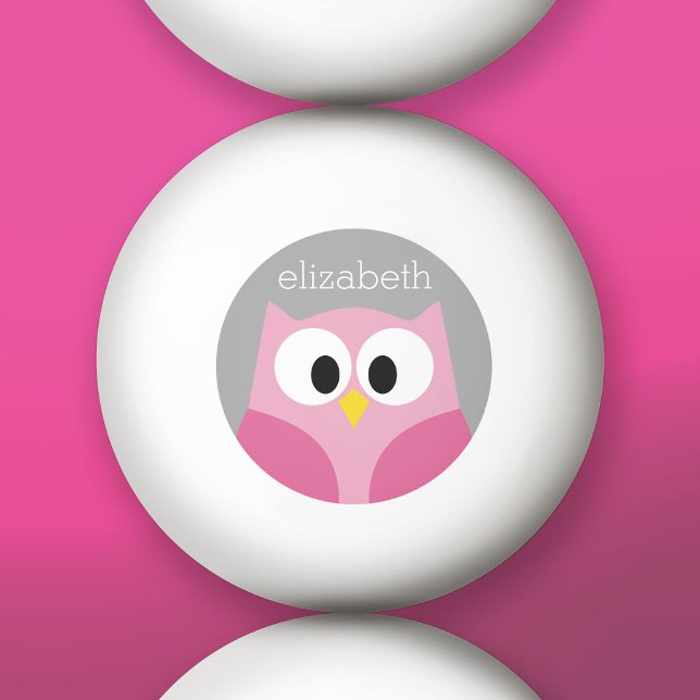 Cute Cartoon Owl - Pink and Gray Custom Name Ping-Pong Ball (Custom Ping Pong Balls)