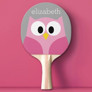 Cute Cartoon Owl - Pink and Gray Custom Name Ping-Pong Paddle