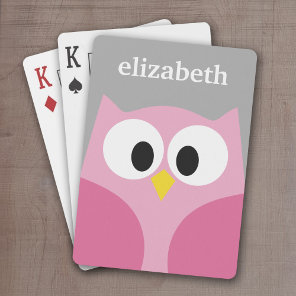 Cute Cartoon Owl - Pink and Gray Custom Name Poker Cards