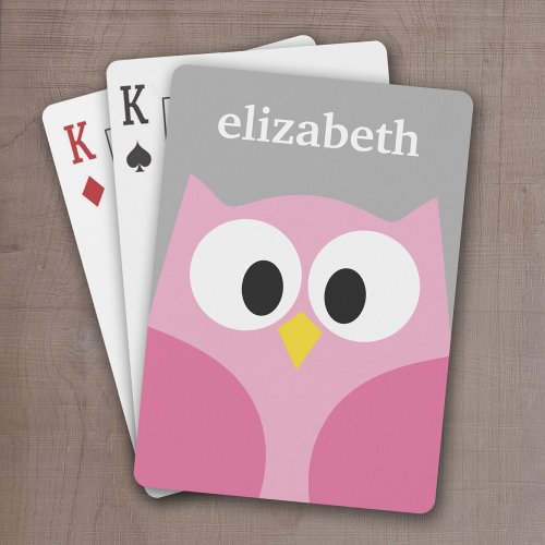 Cute Cartoon Owl _ Pink and Gray Custom Name Poker Cards