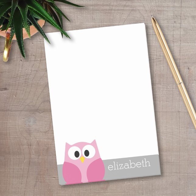 Cute Cartoon Owl - Pink and Gray Custom Name Post-it Notes (Personalized Post-It Notes - Add your name)