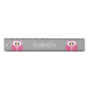 Cute Cartoon Owl - Pink and Gray Custom Name Ruler