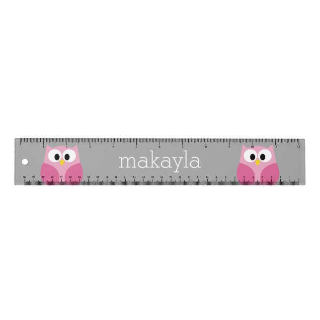 Cute Cartoon Owl - Pink and Gray Custom Name Ruler (Front)