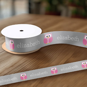 Cute Cartoon Owl - Pink and Gray Custom Name Satin Ribbon