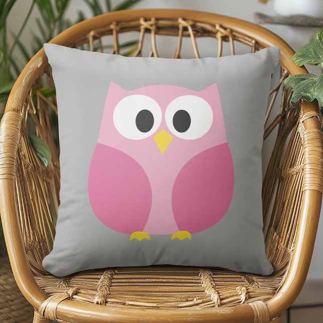 Cute Cartoon Owl - Pink and Gray Custom Name Throw Pillow (Cute Whimsical Owl Pillow)
