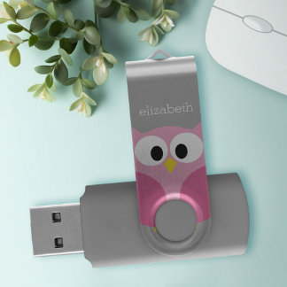Cute Cartoon Owl - Pink and Gray Custom Name USB Flash Drive
