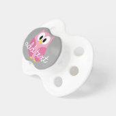 Cute Cartoon Owl - Pink and Gray Script Name Pacifier (Front Right)