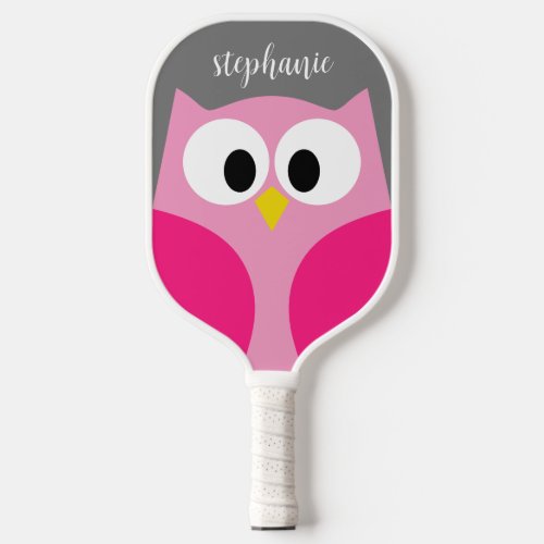 Cute Cartoon Owl _ Pink and Gray _ Trendy Script Pickleball Paddle