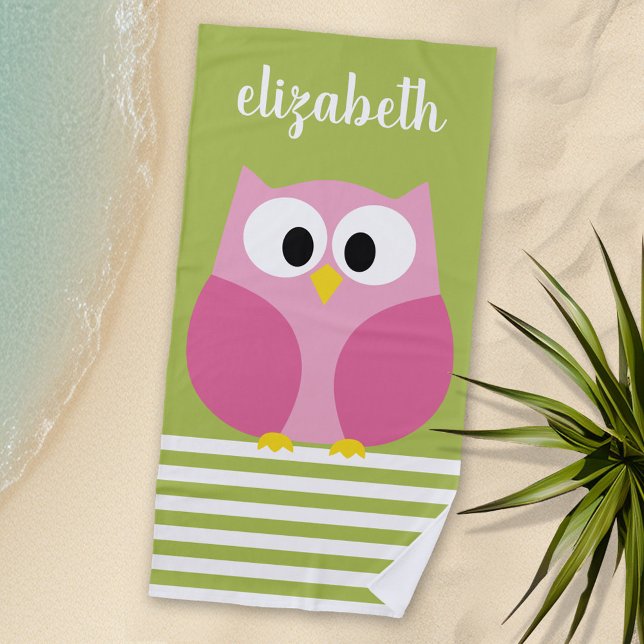 Cute Cartoon Owl - Pink and Lime Green Beach Towel (Personalized Beach Towel - Photo Collage -- Cartoon Owl with a place to add your name)