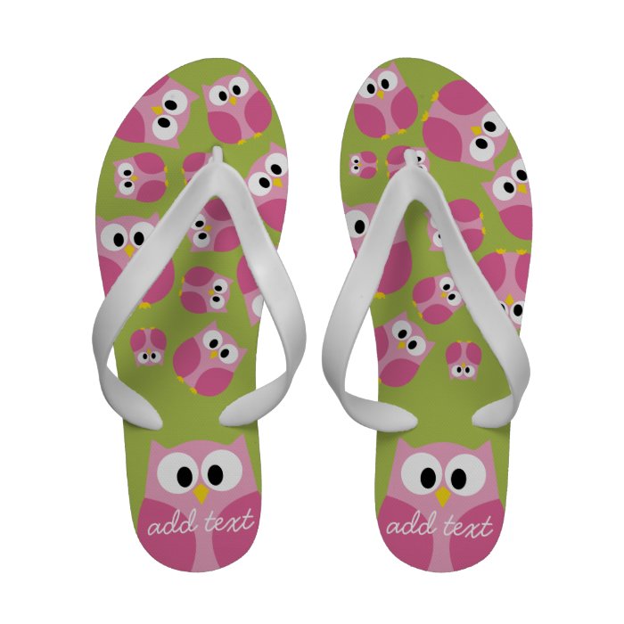 Cute Cartoon Owl   Pink and Lime Green Flip Flops