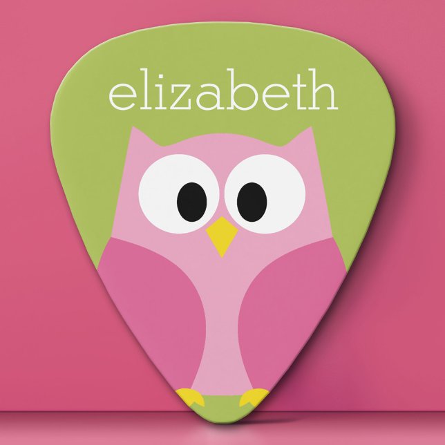 Cute Cartoon Owl - Pink and Lime Green Guitar Pick (Custom Guitar Pick)