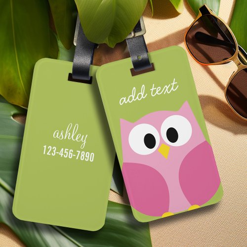 Cute Cartoon Owl _ Pink and Lime Green Luggage Tag
