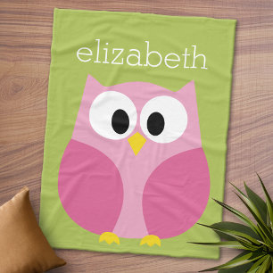 Cute Cartoon Owl - Pink and Lime Green Name Fleece Blanket