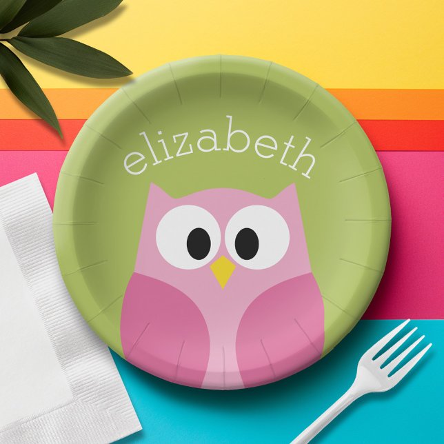 Cute Cartoon Owl - Pink and Lime Green Paper Plates (Personalized birthday party plate with area for name)