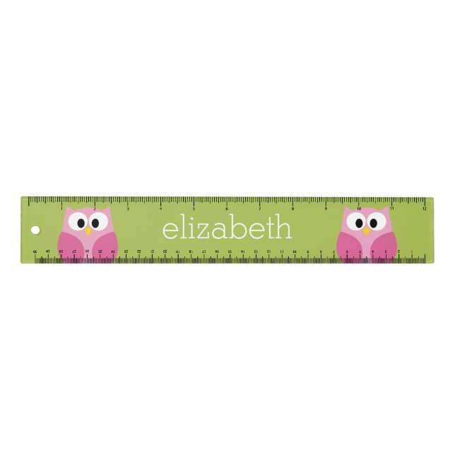Cute Cartoon Owl - Pink and Lime Green Ruler (Front)