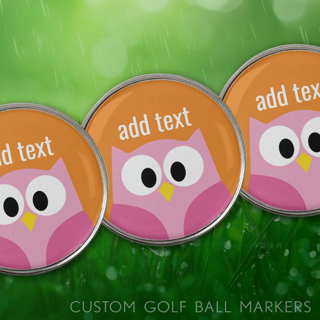 Cute Cartoon Owl - Pink and Orange Custom Name Golf Ball Marker (Custom Golf Ball Markers)
