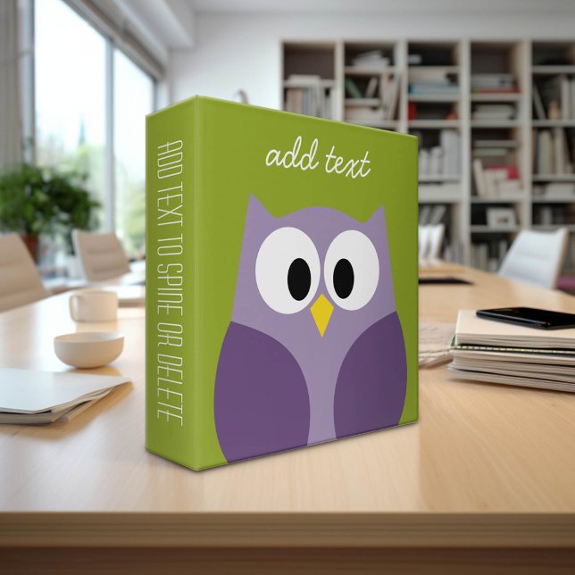Cute Cartoon Owl Purple and Pistachio Custom Name Binder (Custom Office and School Binder)