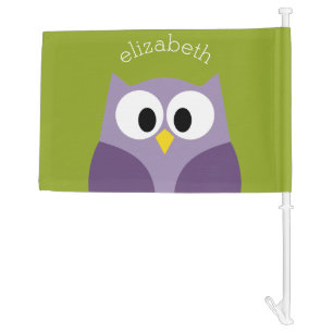 Cute Cartoon Owl Purple and Pistachio Custom Name Car Flag