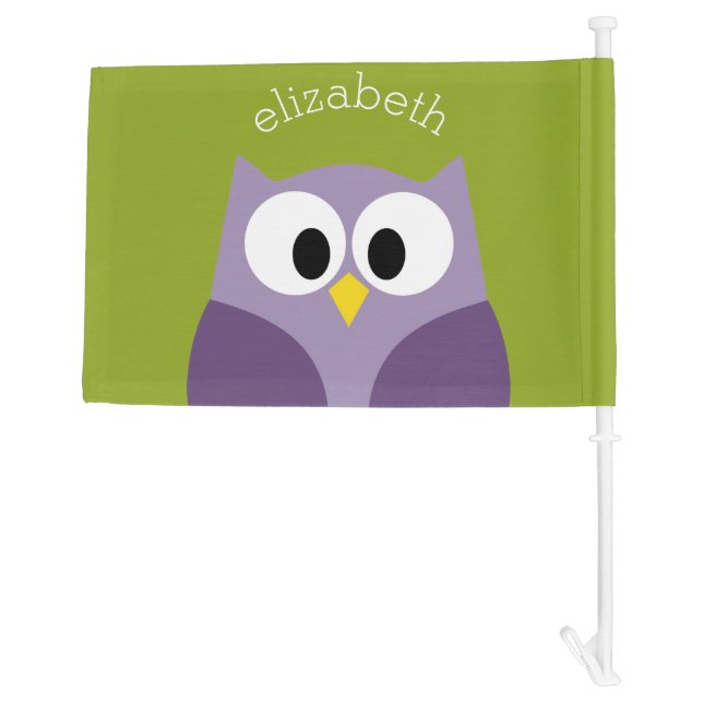 Cute Cartoon Owl Purple and Pistachio Custom Name Car Flag (Back)