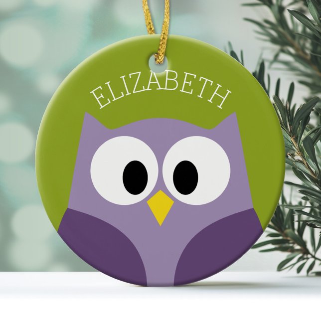 Cute Cartoon Owl Purple and Pistachio Custom Name Ceramic Ornament (Personalized Owl Ornament)