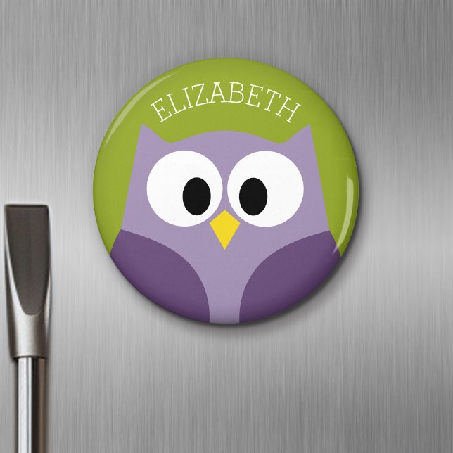 Cute Cartoon Owl Purple and Pistachio Custom Name Magnet (Personalized Fridge Magnet - Add Custom Text)