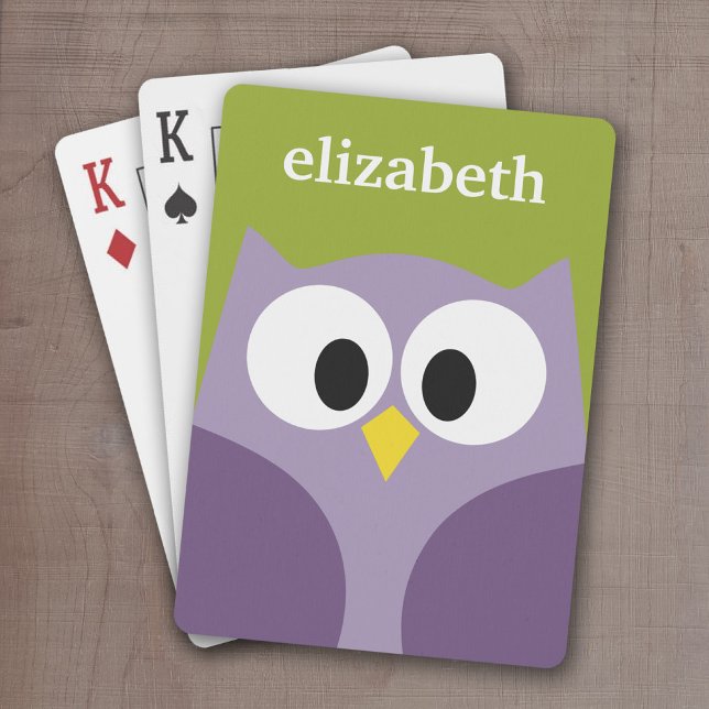 Cute Cartoon Owl Purple and Pistachio Custom Name Poker Cards (Cute Personalized playing cards with a cartoon owl and a monogram or name)