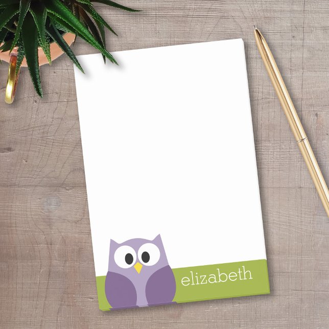 Cute Cartoon Owl Purple and Pistachio Custom Name Post-it Notes (Personalized Post-It Notes - Add your name and contact information)