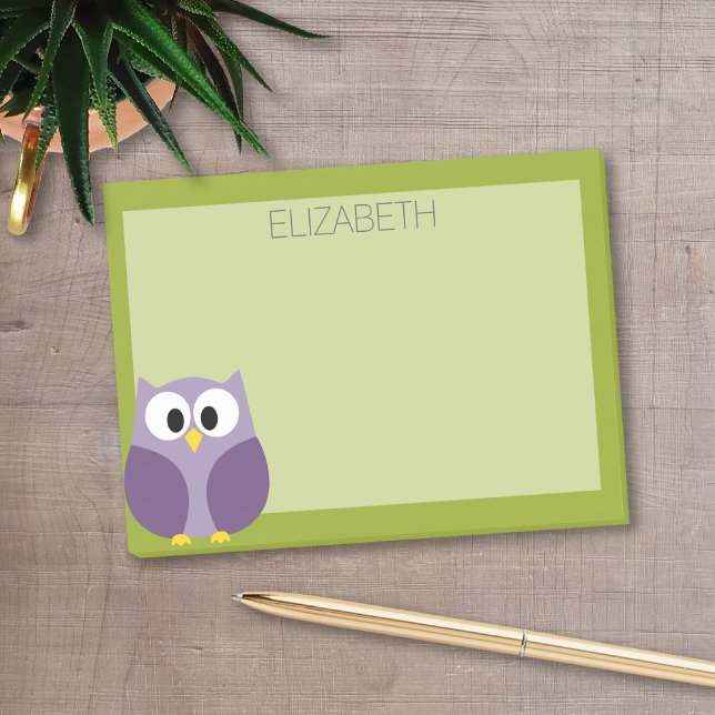 Cute Cartoon Owl Purple and Pistachio Custom Name Post-it Notes (Personalized post-it notes with a monogram and contact information - low quantity available)
