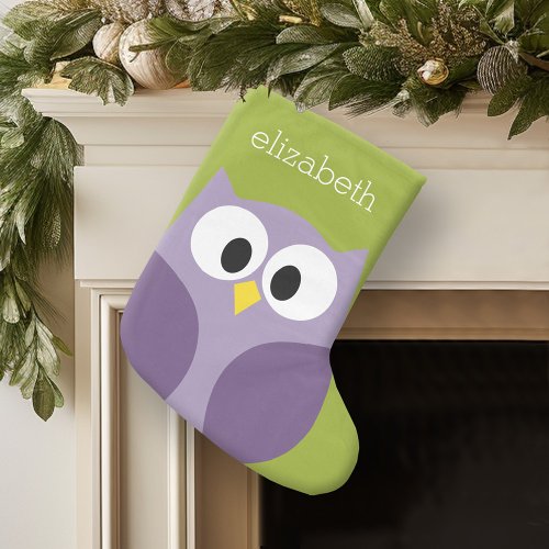 Cute Cartoon Owl Purple and Pistachio Custom Name Small Christmas Stocking