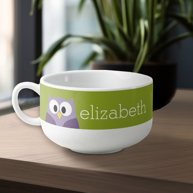 Cute Cartoon Owl Purple and Pistachio Custom Name Soup Mug (Personalized Soup Mug - Add Your Text for a Great Gift)