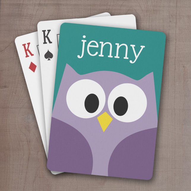 Cute Cartoon Owl Purple and teal Custom Name Poker Cards (Cute Personalized playing cards with a cartoon owl and a monogram or name)