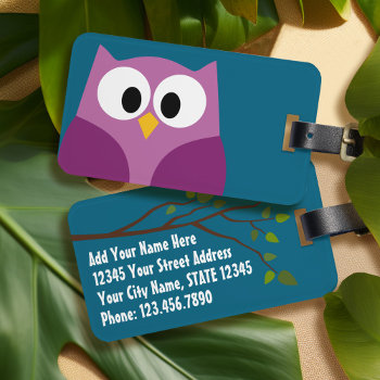 Cute Cartoon Owl With Address And Phone Number Luggage Tag by MyGiftShop at Zazzle