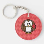 Cute Cartoon Owl With Rose And Hearts Keychain at Zazzle